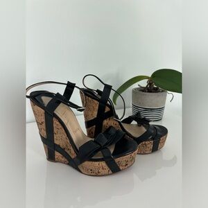 CHRISTIAN LOUBOUTIN Cork Wedges Black Leather Bow Details 5.75” Heels 38* 7